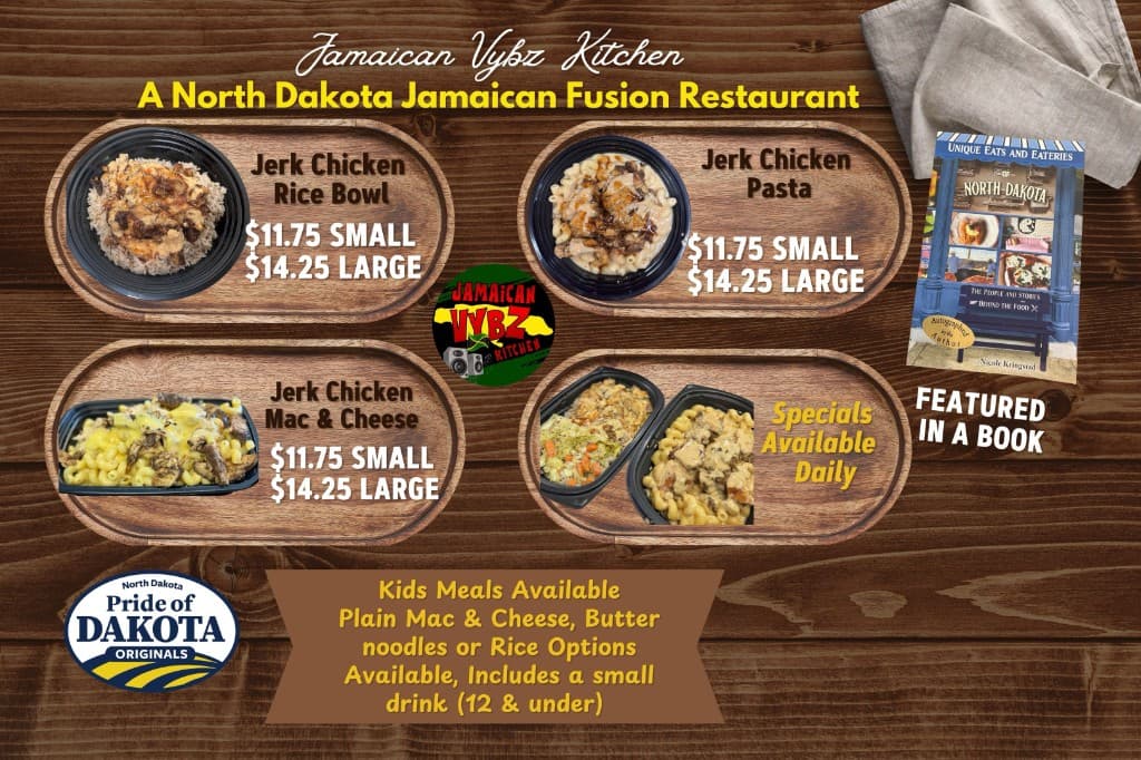 Jamaican Vybz Kitchen menu - jerk chicken rice bowl, pasta, mac and cheese, kids meals, and daily specials